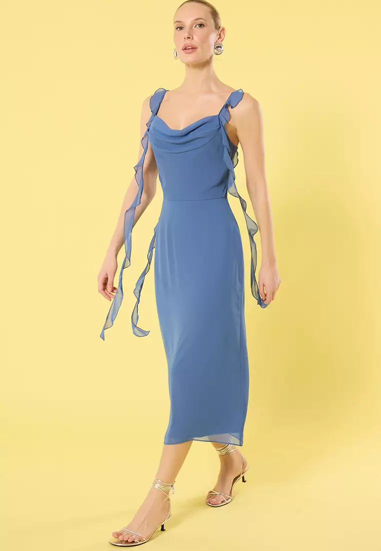 Blue Plain A-Line Frilled Midi Woven Dress