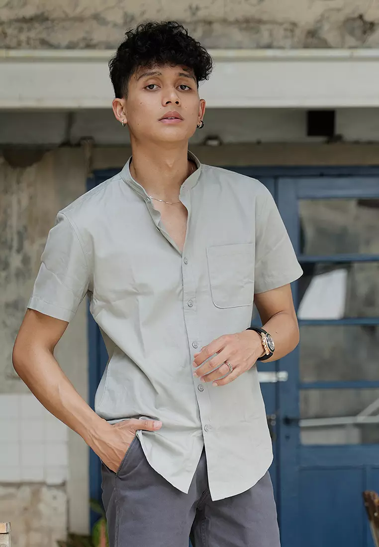 Kemeja Collarless Koko Tangan Pendek short shirt OXCON Soft Grey