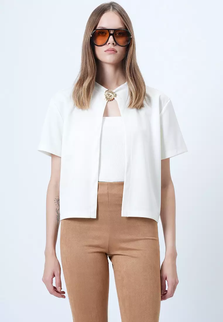 Gold Brooch Short Sleeve Knitted Jacket and Strapless Blouse Set