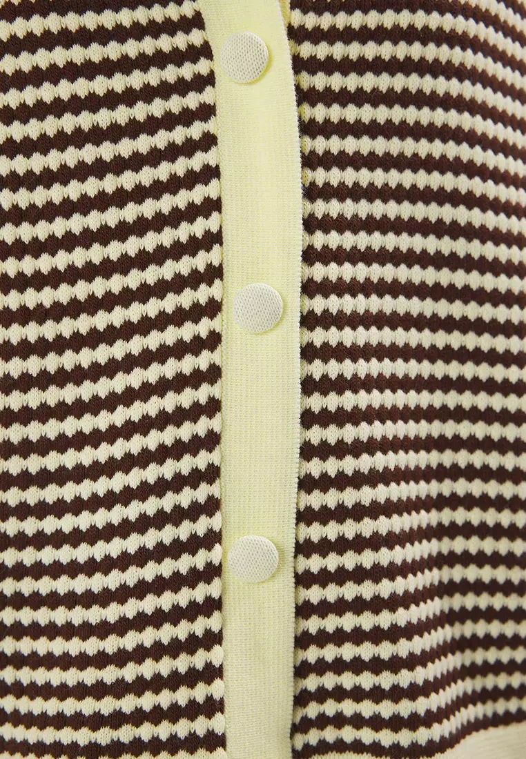 Yellow Polo Collar Striped Knitwear Medium Blouse Twoss25Bz00183