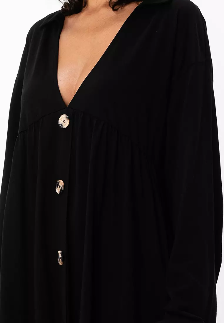 Long Sleeve Mini Smock Dress with Buttons