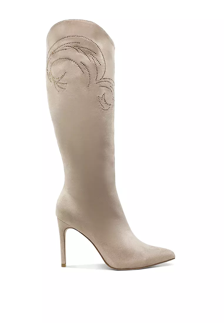 Discount on London Rag  shoes - SKU: Rhinestone Patterned Calf Boots in Beige