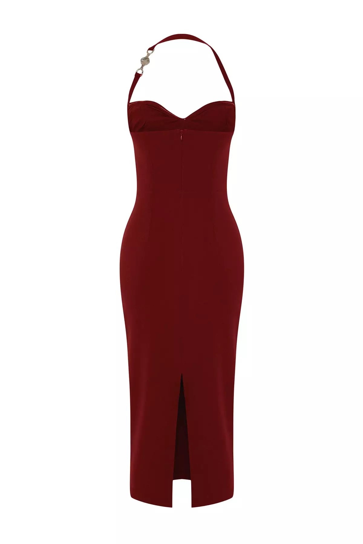Burgundy Accessory Detailed Woven Elegant Evening Night Graduation Dress