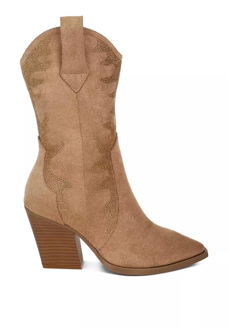 Rhinestones Embellished Calf Boots in Camel