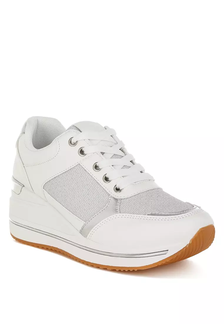 Faux Leather & Mesh Sneakers In White