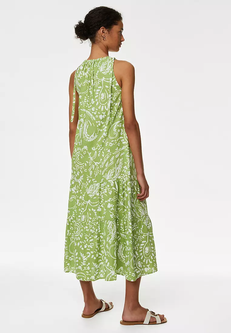 Linen Blend Animal Print Maxi Tiered Dress