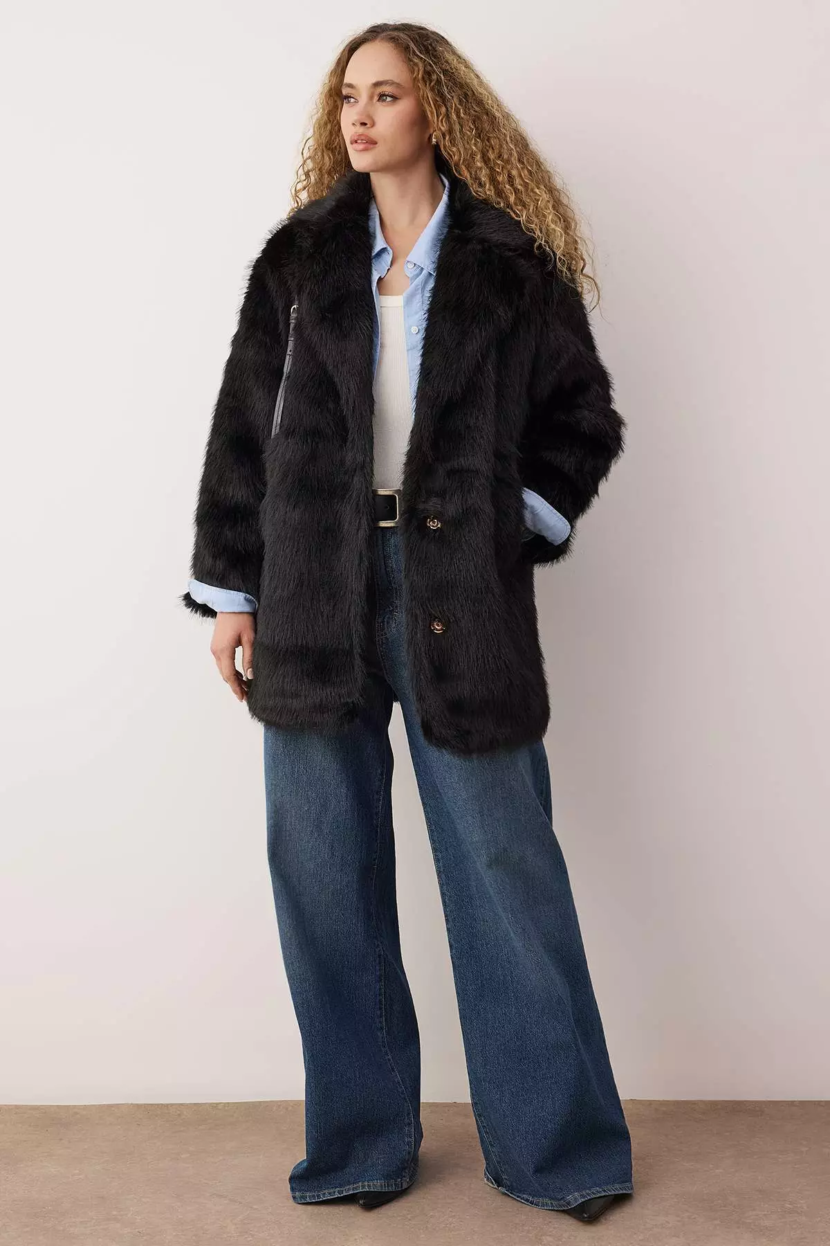 Black Fur Mono Closure Oversize Midi Coat Twoaw26Kb6