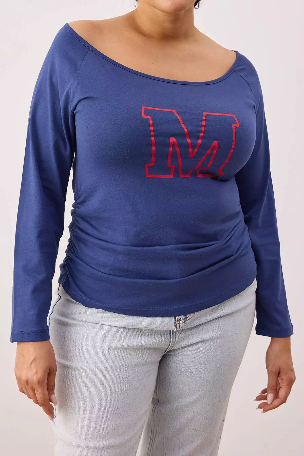 Navy Blue Open Shoulder Single Jersey Knitted Plus Size Blouse Tbbaw26Af00048