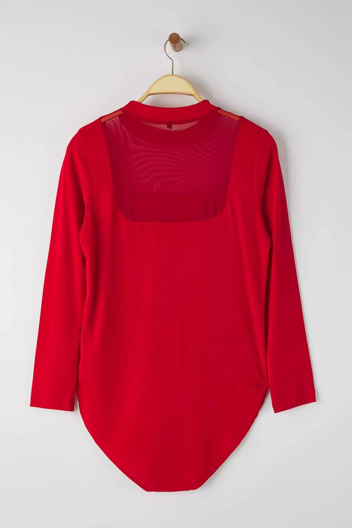 Red Fitted/Fits The Body Tulle Detailed Long Sleeve Stand-Up Collar Flexible Snap Knitted Bodysuit