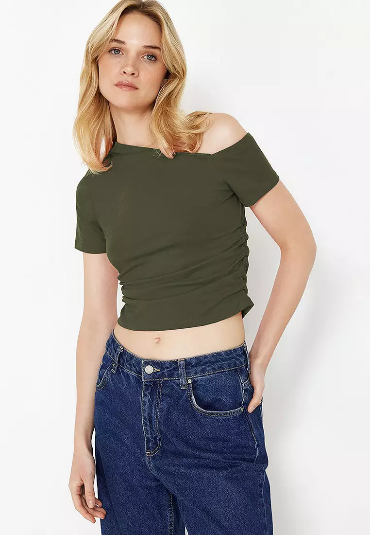 Khaki Pleated Asymmetric Collar Flexible Knitted Blouse