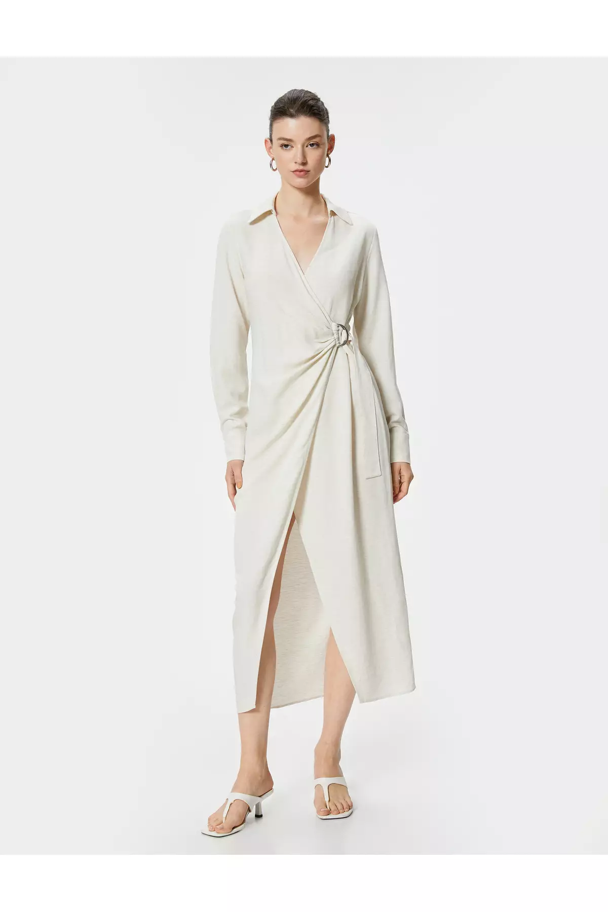 Linen Blend Long Shirt Dress Double Breasted
