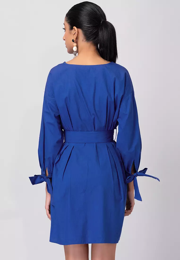 Dark Blue Poplin Dress With Self Fabric Buckle Belt