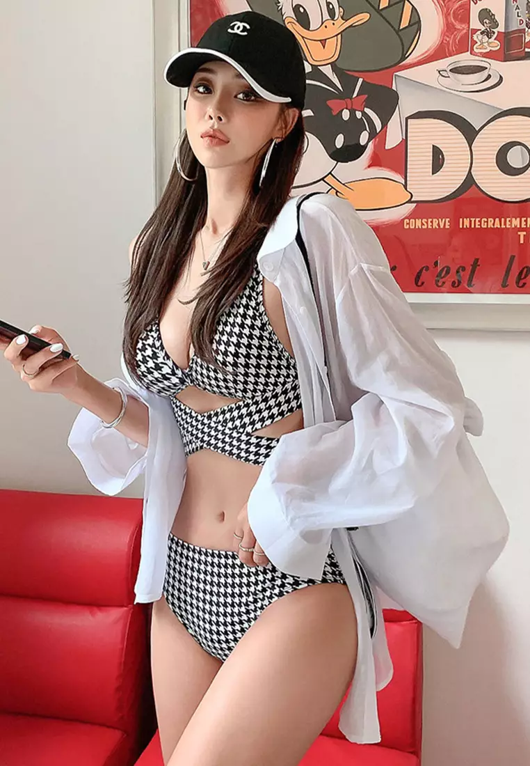 2025 Korean Thousand Bird Checker Cross Strap Swimsuit Sexy Bikini CA24032129MT