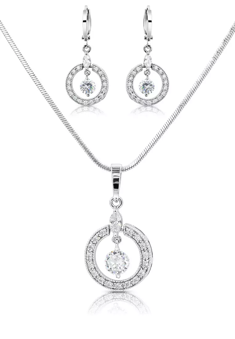SO SEOUL Halo Open Circle Diamond Simulant Cubic Zirconia Hoop Earrings and Pendant Chain Necklace Jewelry Gift Set