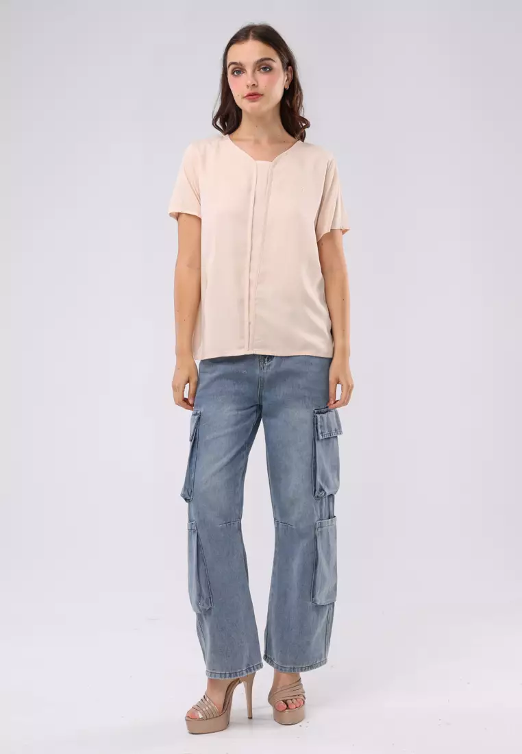 Plain Single Bold Twill Short Sleeves Blouse