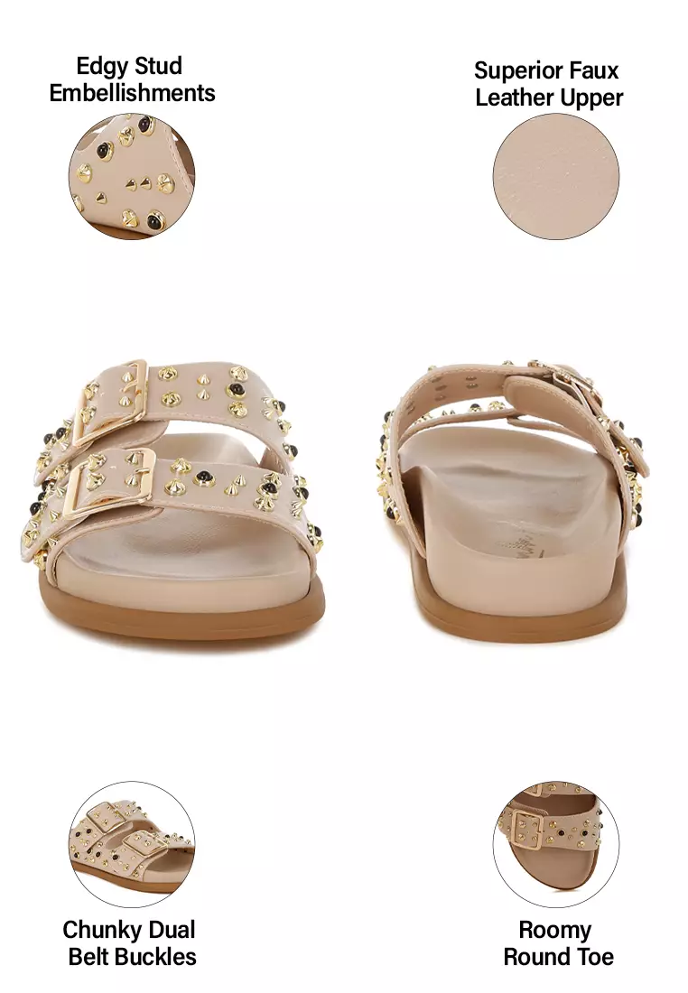 Metallic Stud Embellished Sliders In Beige