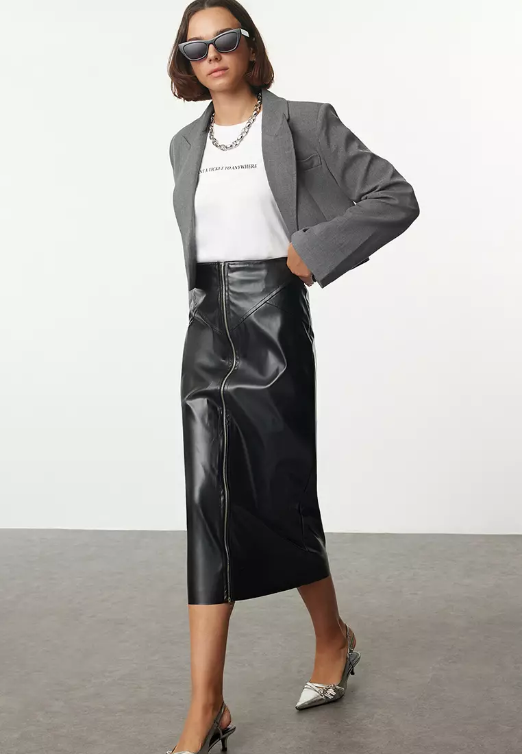 Black Zipper Detail Midi Faux Leather Skirt