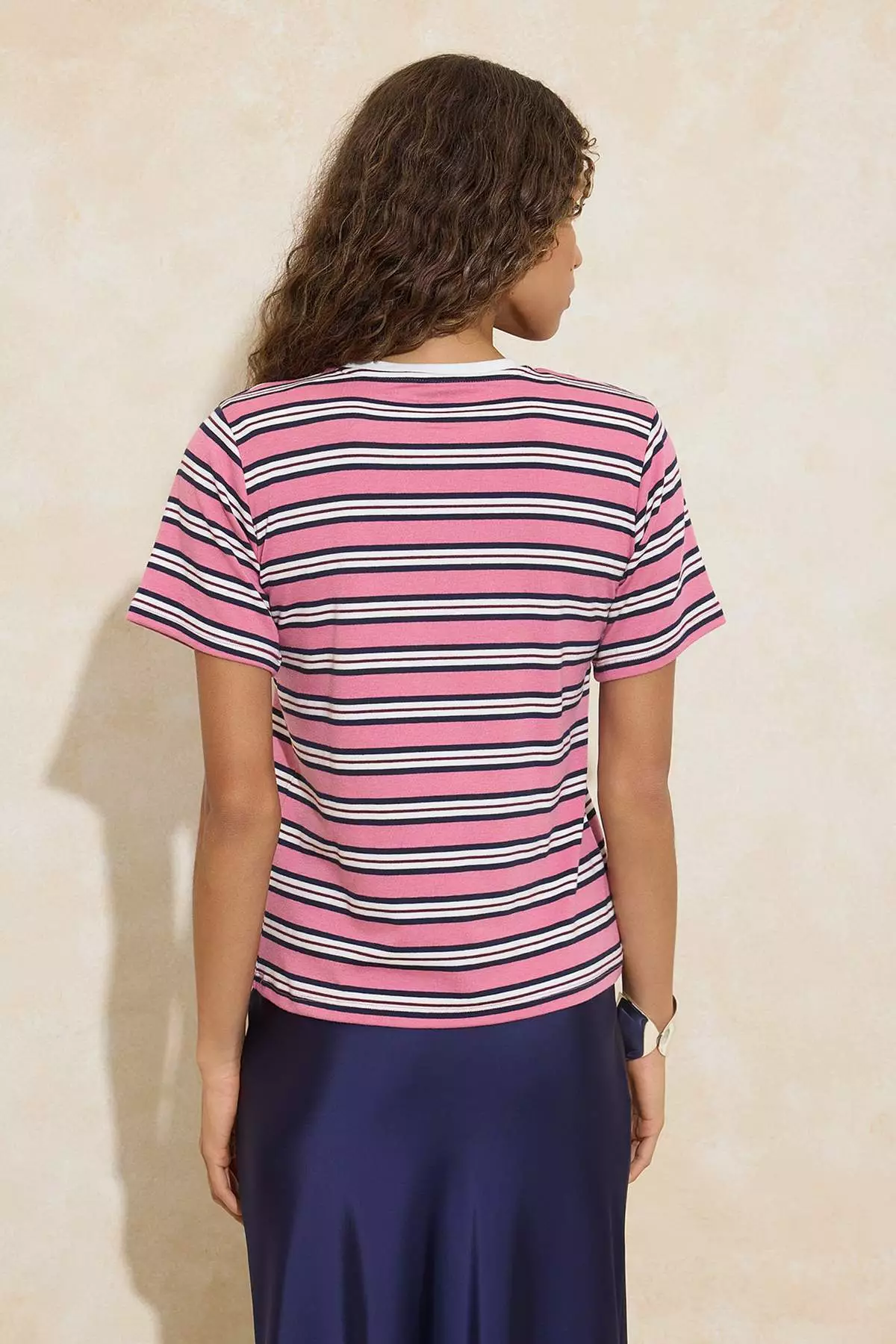 Pink Striped Regular/Normal Fit Short Sleeve Tok 1% Cotton Shoulder Pad Piece Knitted T-Shirt Twoss26Ts31
