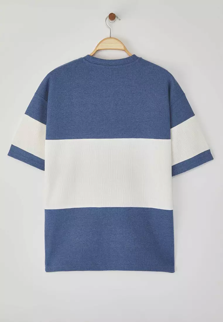 Indigo Oversize/Wide Cut Color Block Textured T-Shirt TMNSS25TS00065
