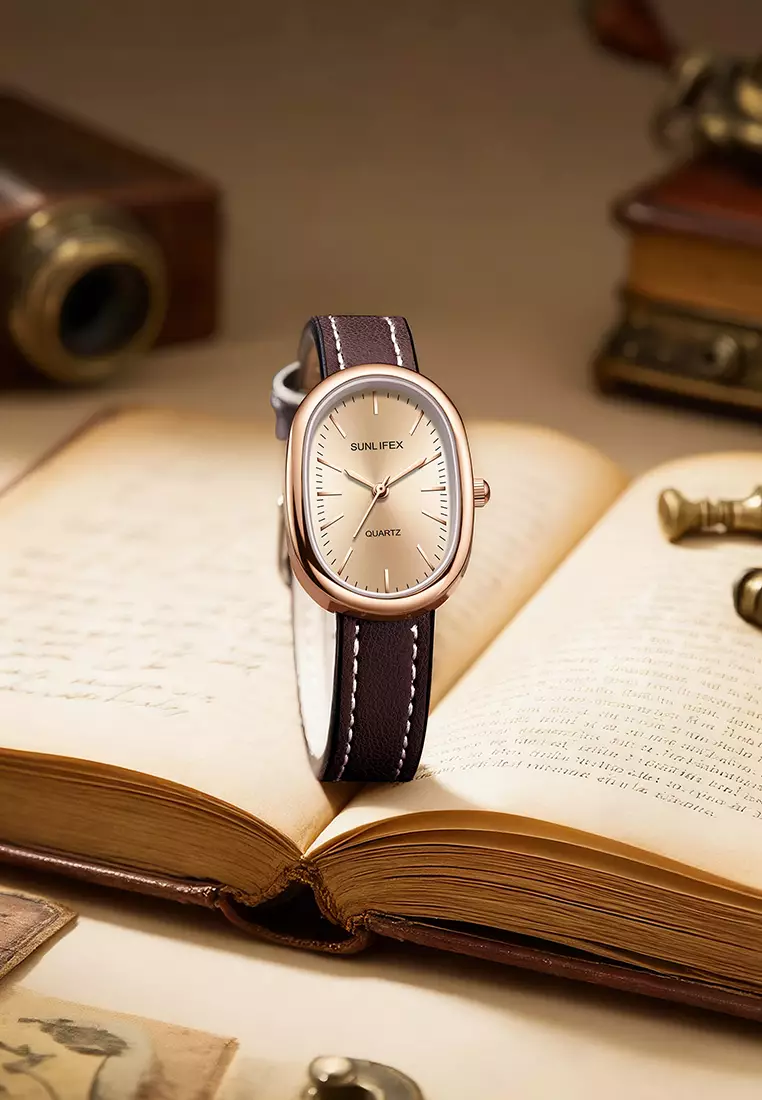 Jam Tangan Wanita Anggun Kuarsa Tali Kulit Gaya Antik Korea Jam Tangan Cewek SL6083 Coffee