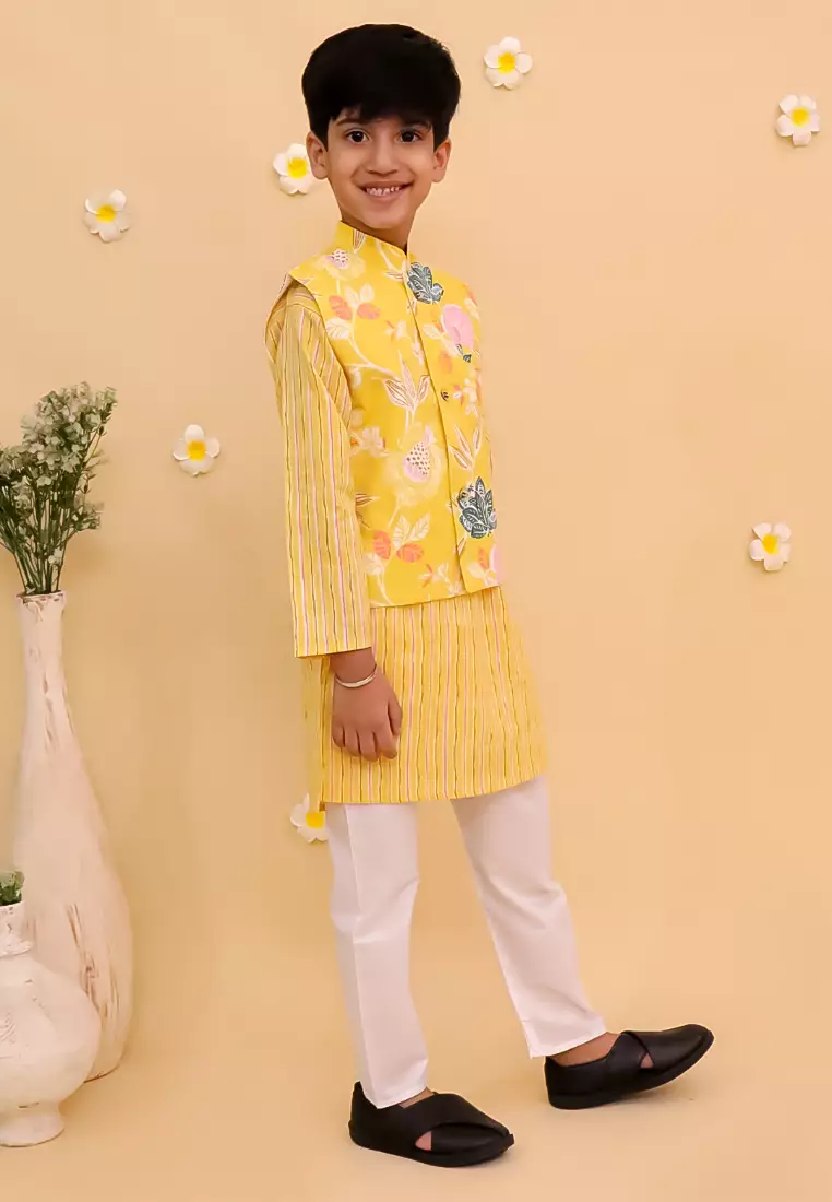 The Mom Store Ray of Style Boys Floral Print Jacket And Kurta Pajama Set - Multi