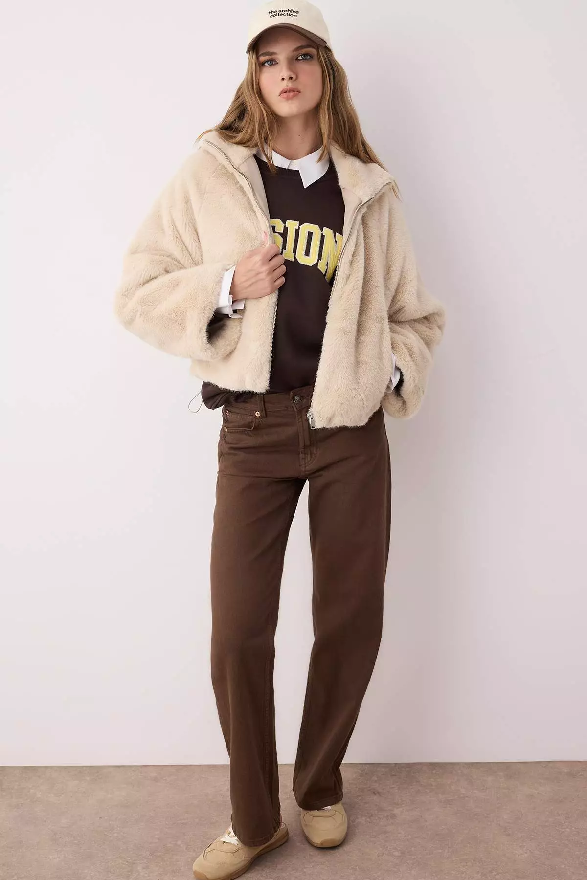 Ecru Oversize Pattern Sleeves Wide Fur Coat Twoaw26Mo22