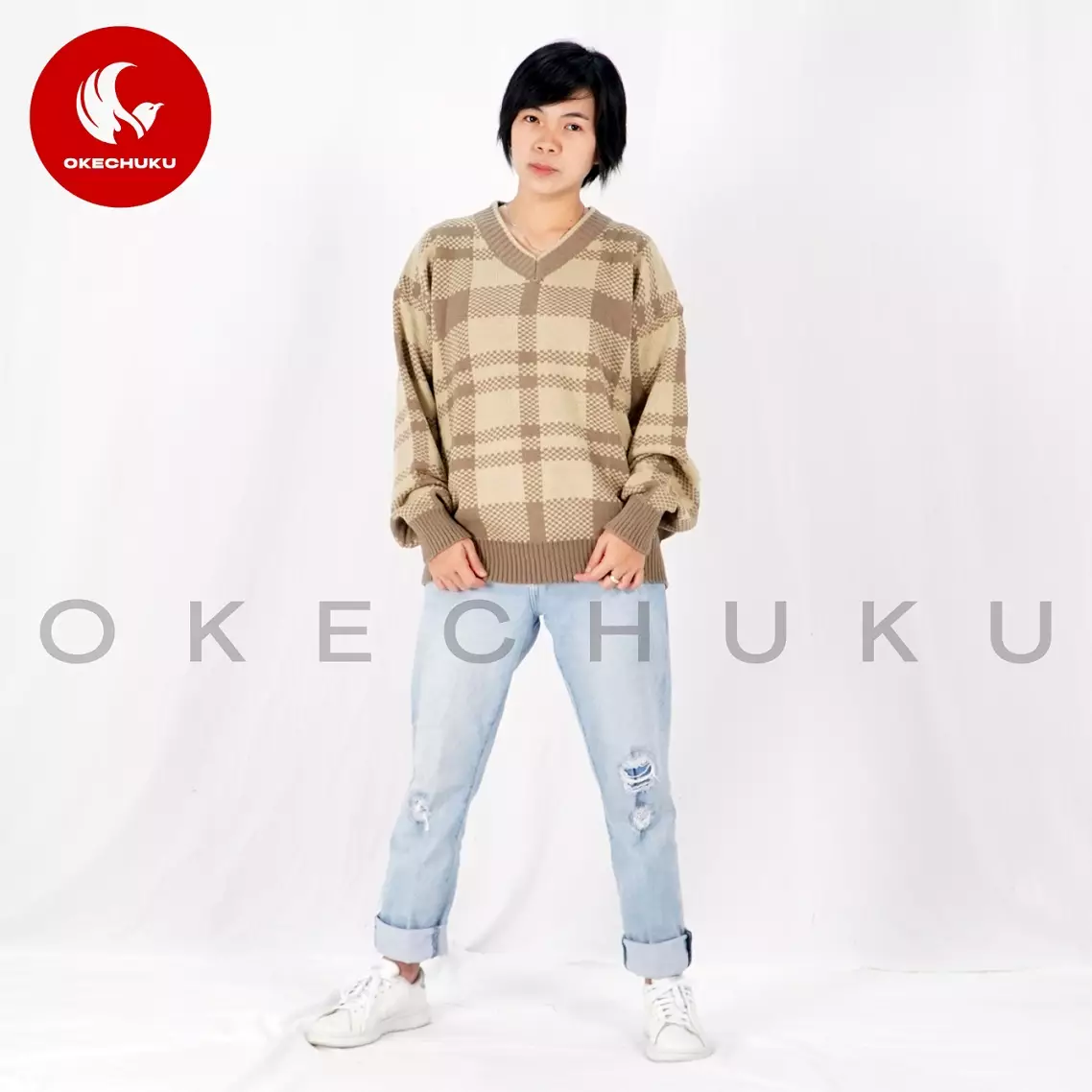 KINAN Knit Sweater Rajut Unisex V Neck Sweater Pria Wanita - Mocca