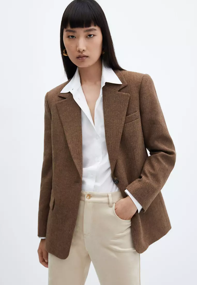 Mango Herringbone Wool Blend Blazer ZALORA