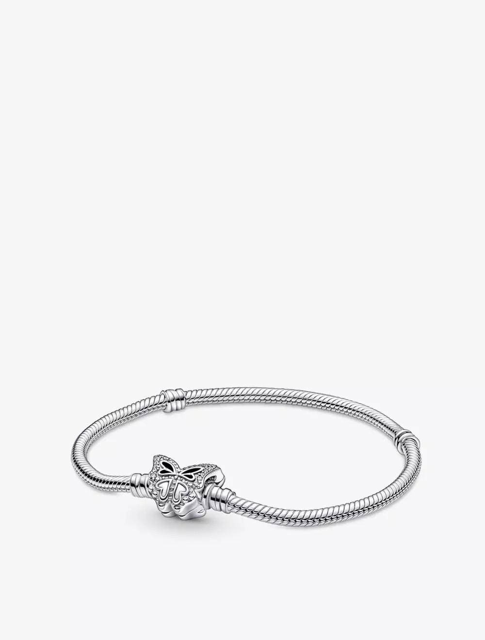 Snake chain sterling silver bracelet with butterfly clasp with clear cubic zirconia