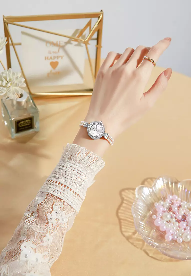 Jam Tangan Wanita Tali Mutiara Alloy Anti Air Quartz Elegan Warna silver white