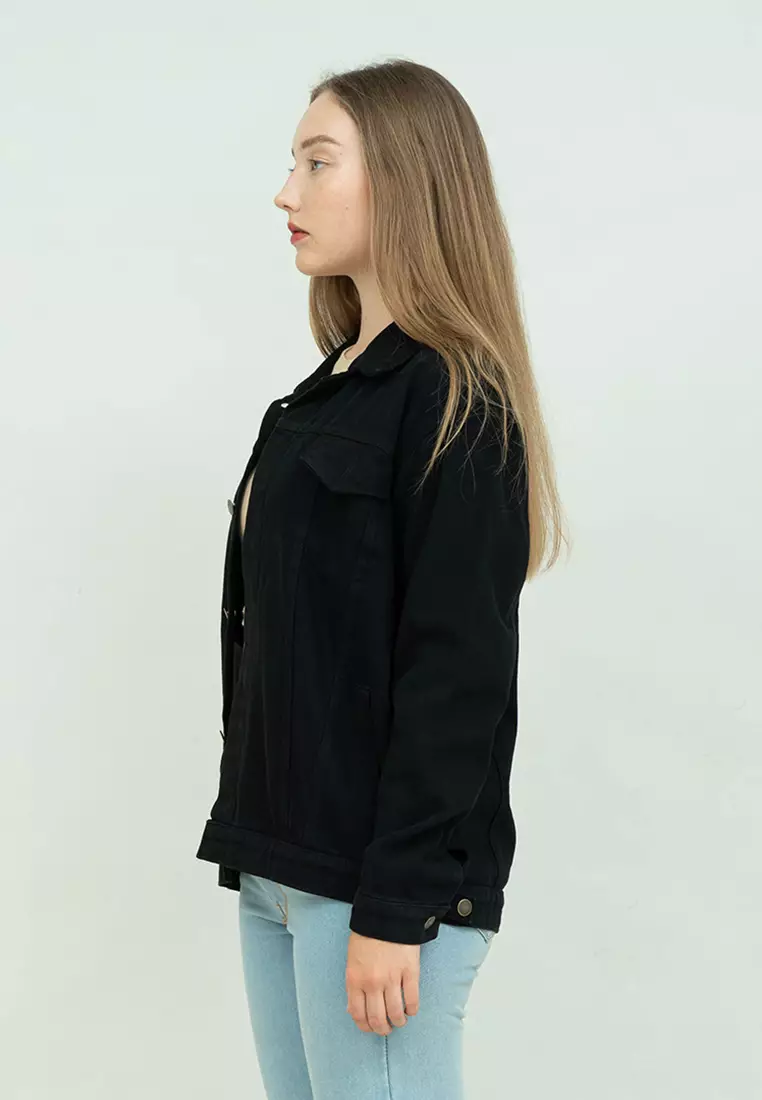 Houseofcuff Jaket Jeans Wanita Polos Tebal Jaket Denim Hitam Unisex