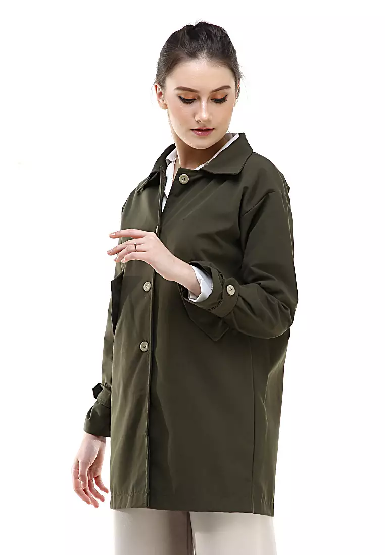 Qemsya Blazer Wanita Four Botton Casual Longsleeve Outer Material Baby Canvas ORIGINAL - Army