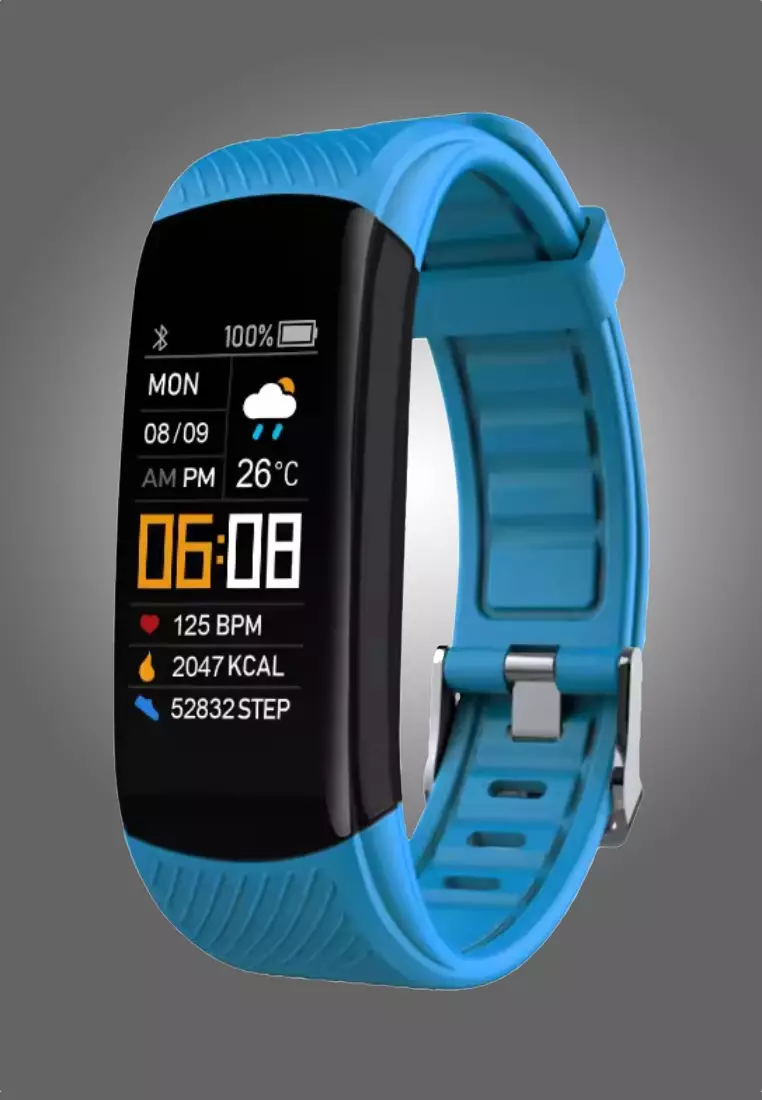 Unisex IOS/Android IP Black Waterproof Fitness SmartWatch, Heart Rate Monitoring, Weather, Clock, with Light Blue Rubber Strap