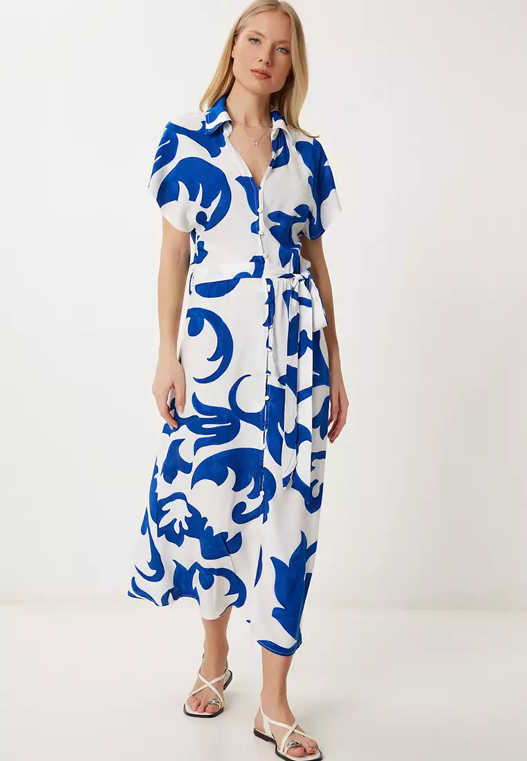 Women's Blue White Patterned Summer Viscose Shirt Dress Ub00390