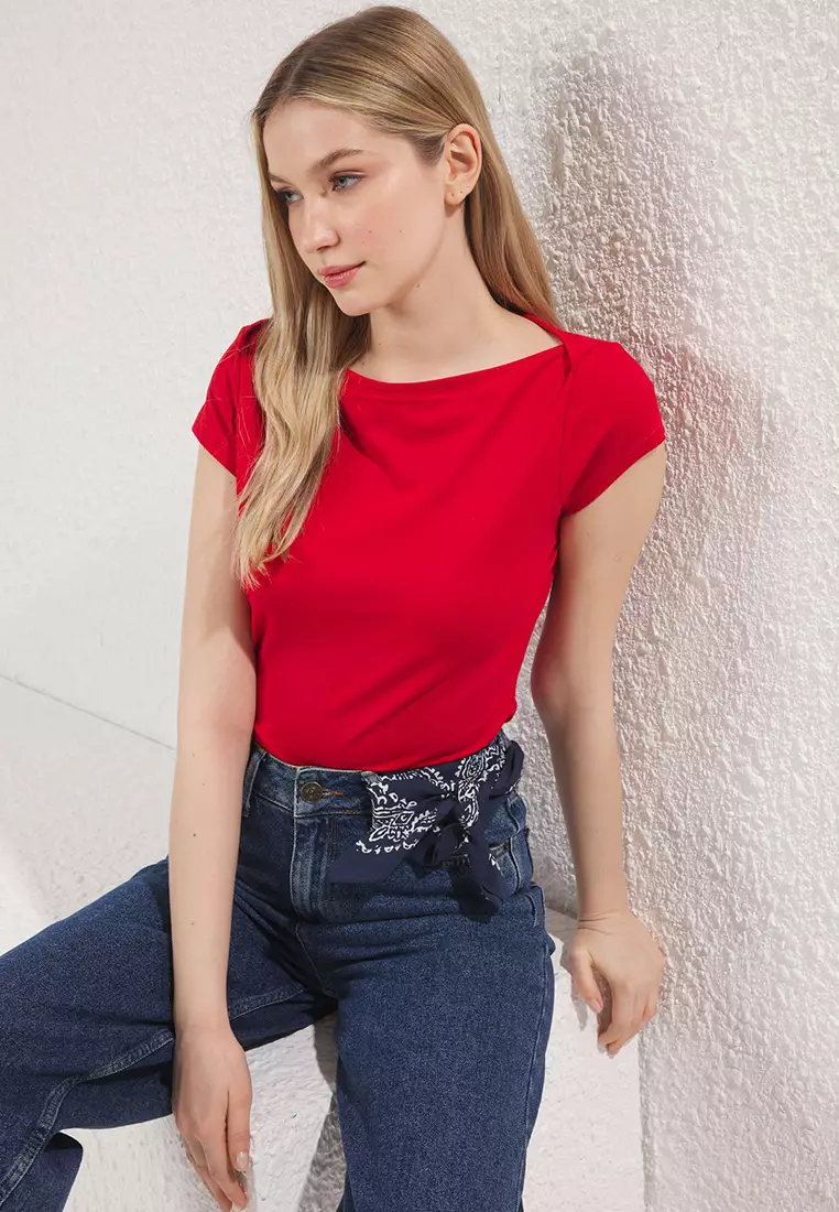 Red Boat Neck Fitted/Fits Body Cotton Stretch Knit Blouse Twoss25Bz00285