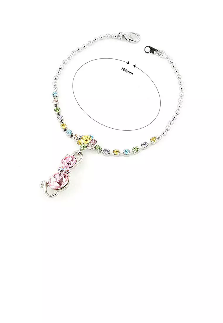 Dazzling Flower Bracelet with Cat Charm and Multi Color Austrian Element Crystals