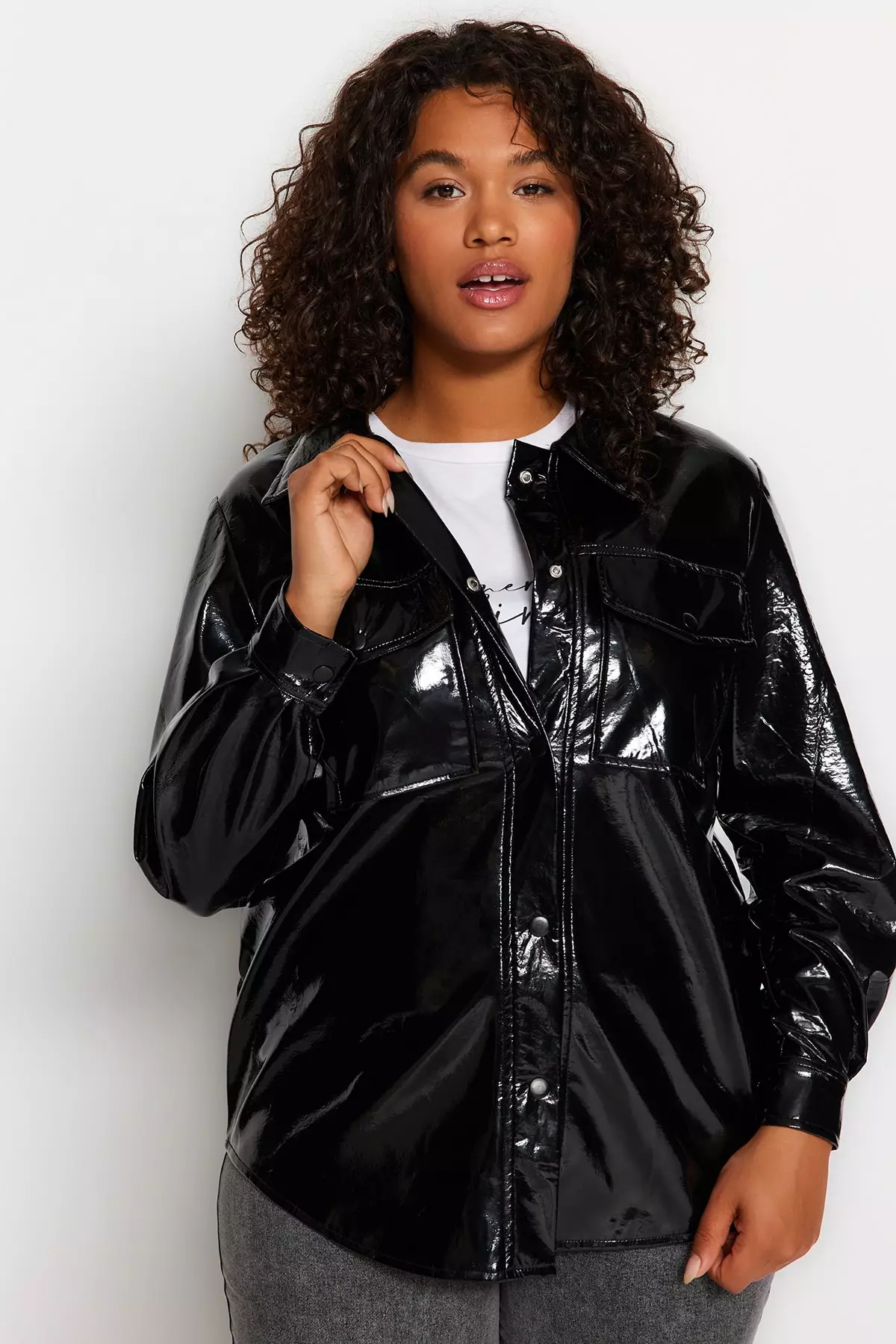 Black patent 2025 leather coat