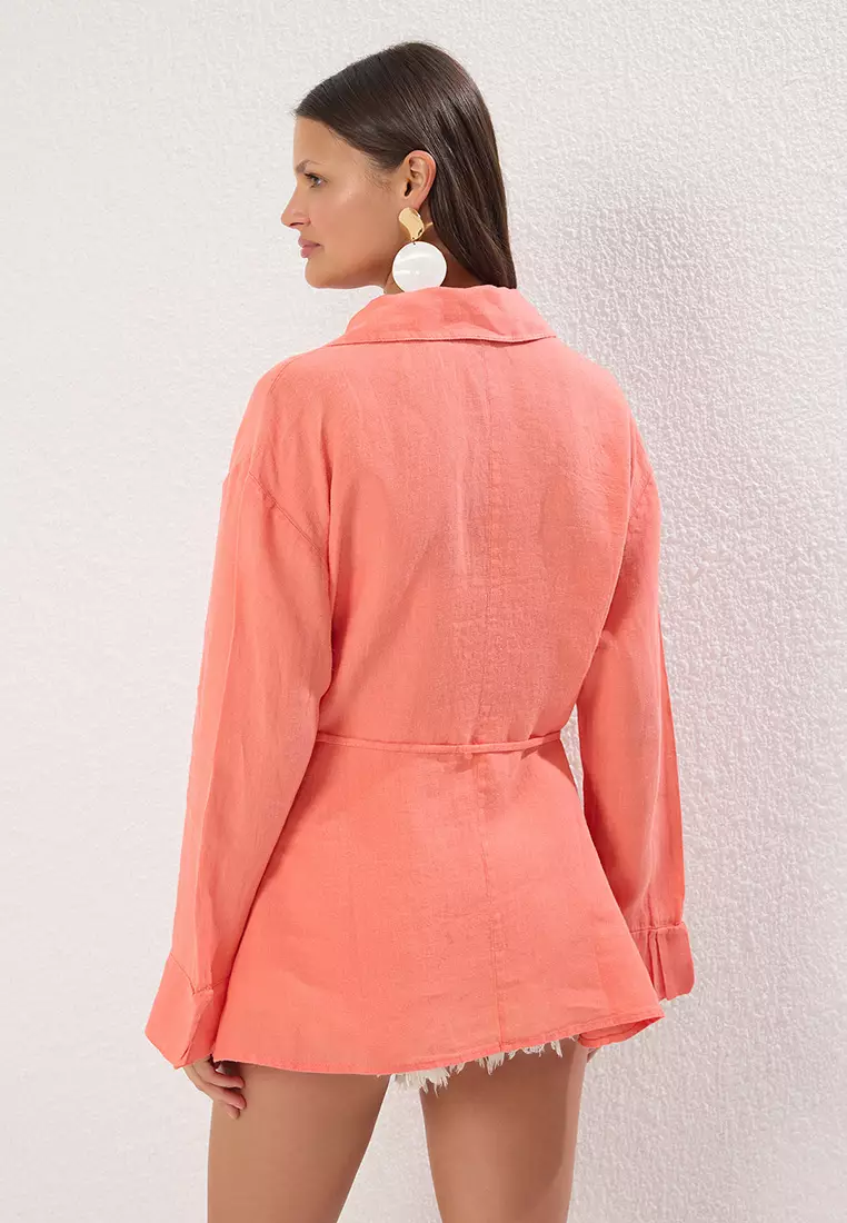 Coral Weaving 100% Linen Tied Beach Shirt TBESS25GO00015