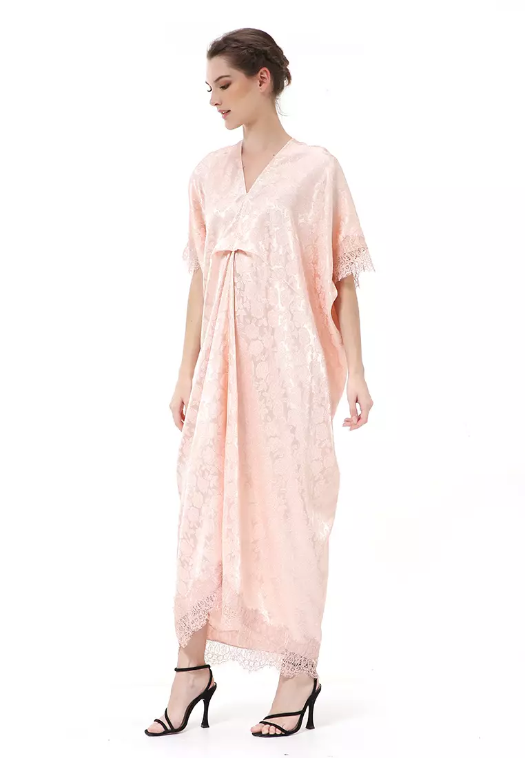 Rachel Dress Wanita Long Kaftan Traditional Motive Material Jaguar ORIGINAL - Peach