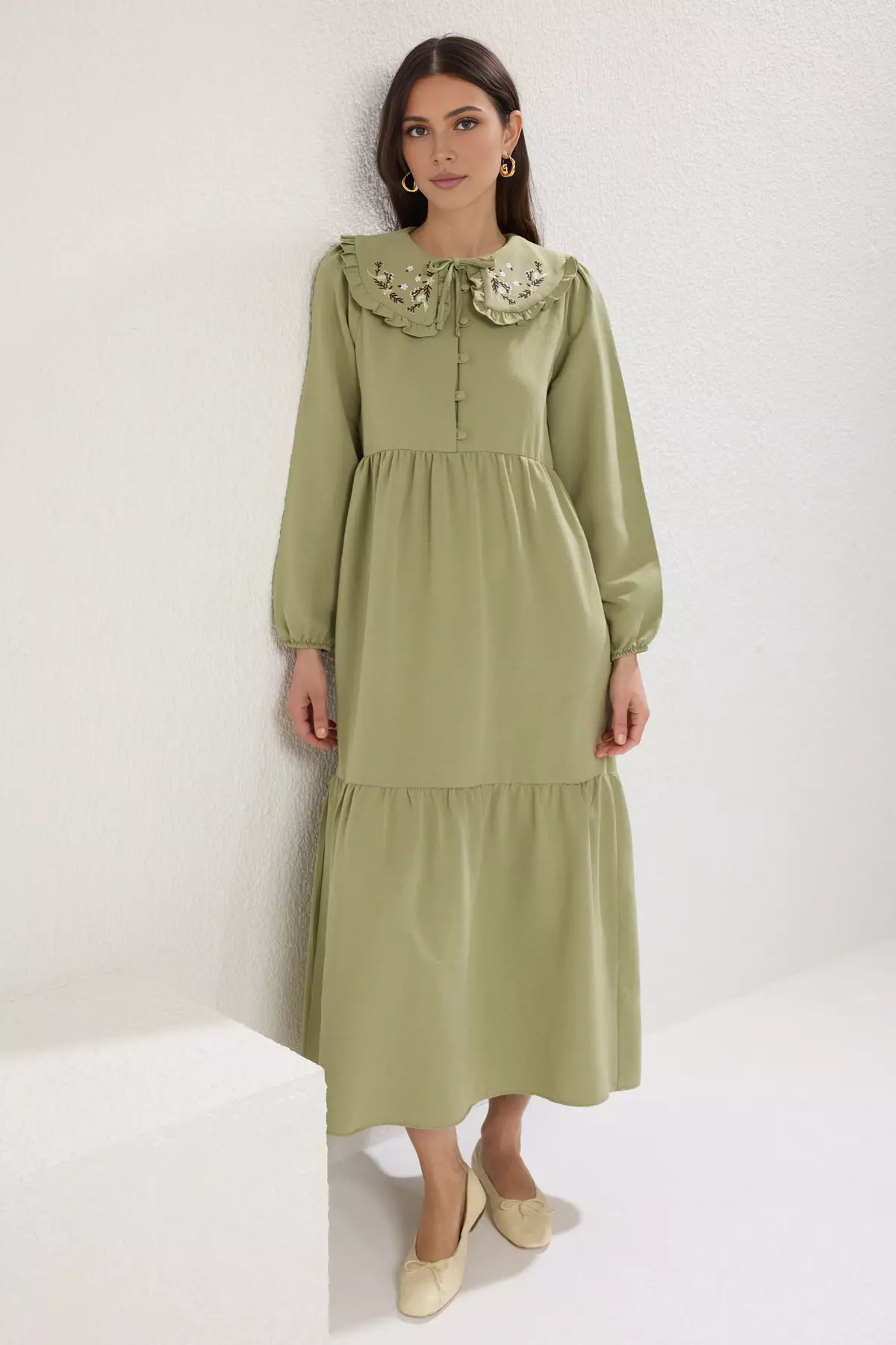 Green Embroidered Detailed Linen Look Woven Dress TCTSS23EB00257
