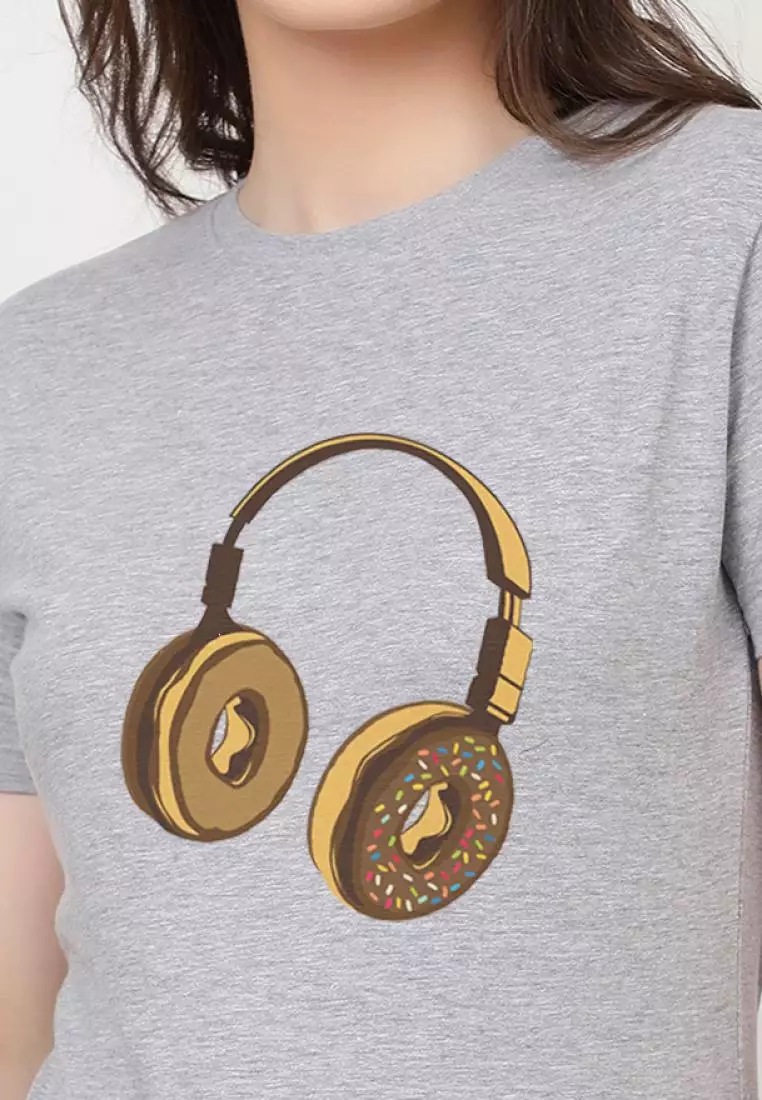 耳机甜甜圈休闲短袖时尚灰色棉质休闲图案印花 T 恤/T 恤