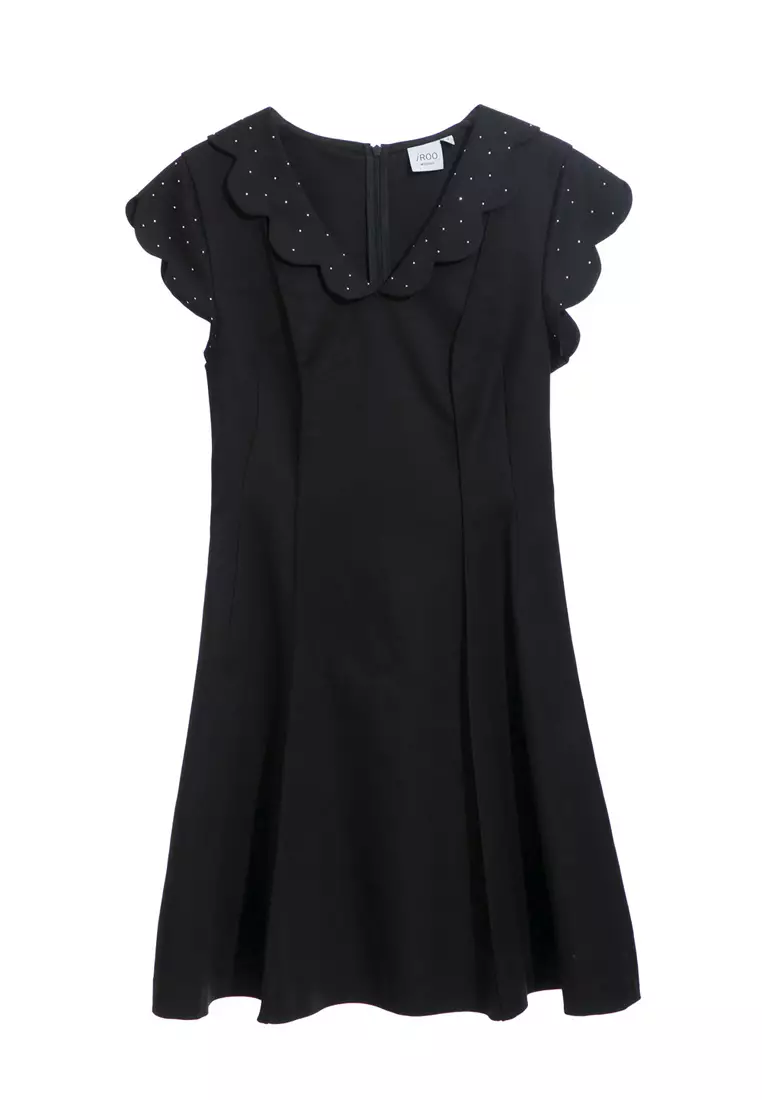 Black Scallop Sleeve A-Line Dress
