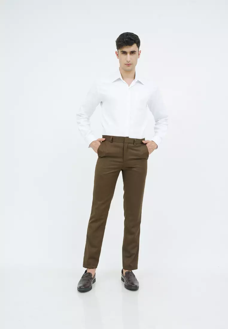 Celana panjang slimfit pria kerja formal garis halus coklat houseofcuff