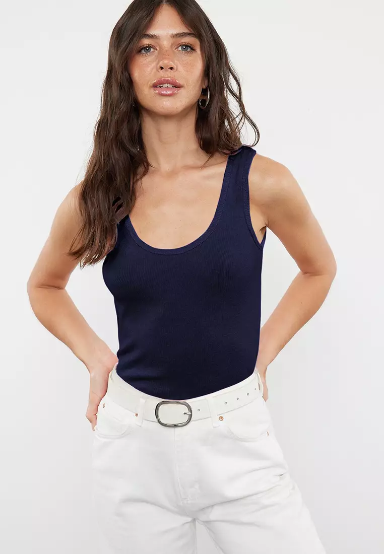 Navy Blue Color Block Fitted Pool Collar Elastic Knitted Tank Top