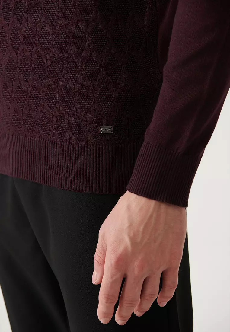 Men's Burgundy Turtleneck Cotton Patterned Knitwear Sweater A32Y5198
