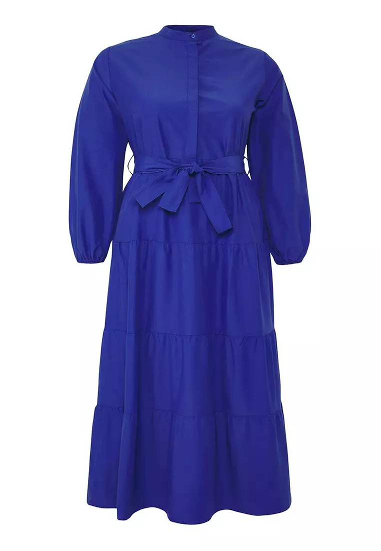 Plus Size Saxe Belted Judge Collar Button Detailed Woven Dress Tctss25Eb00150