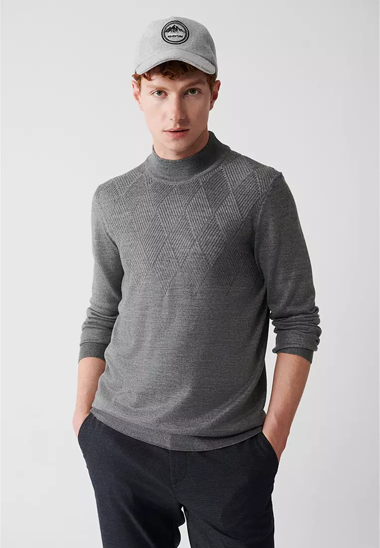 Men's Gray Half Turtleneck Wool Blended Front Patterned Knitwear Sweater A32Y5193