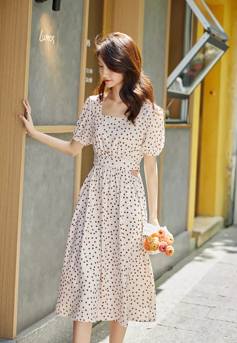 Solid Polka Dot Summer Midi Dress with Back Waist Tie