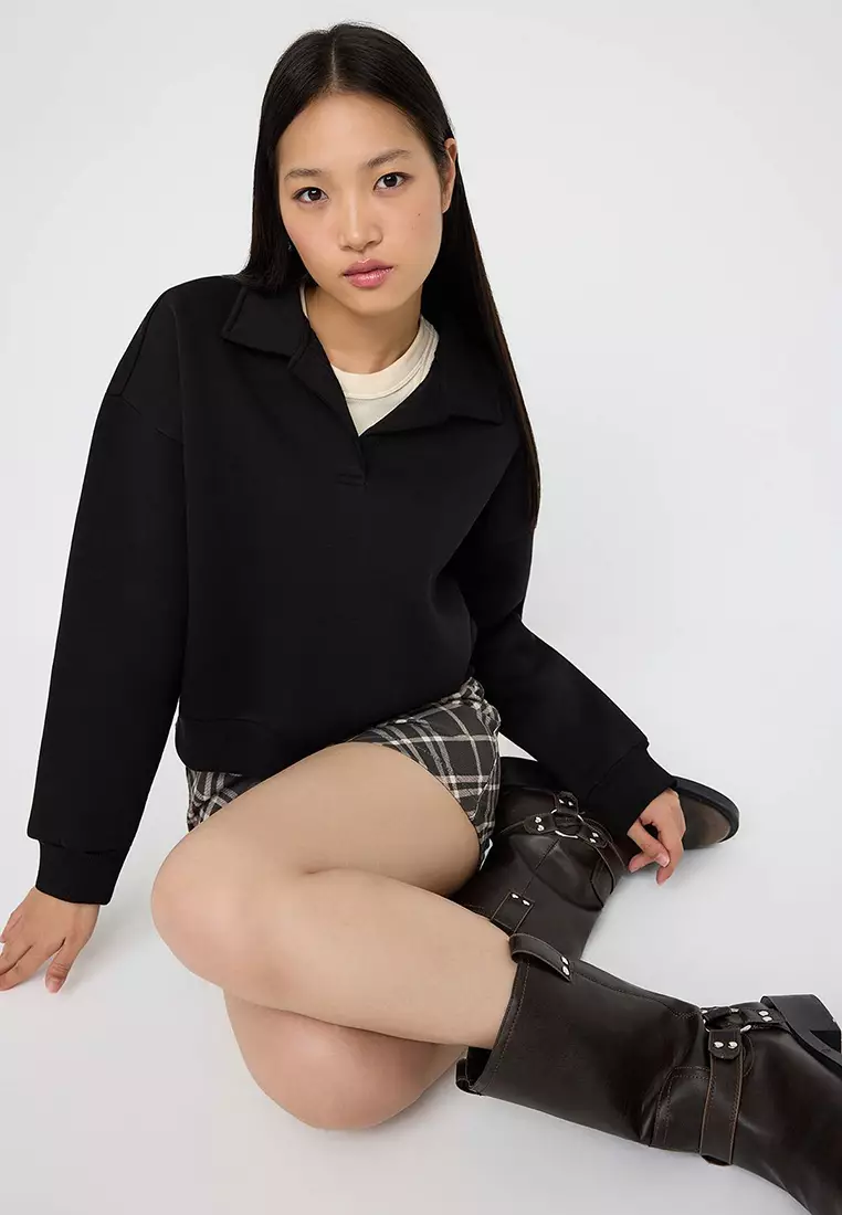 Teen Black Plain Regular Pattern Knitted Sweatshirt Twoaw26Sw00049