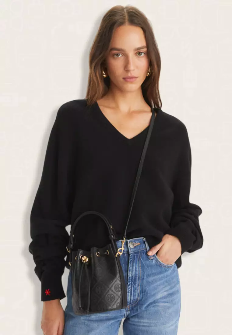 Tory Burch T Monogram Leather Mini Bucket Bag Black